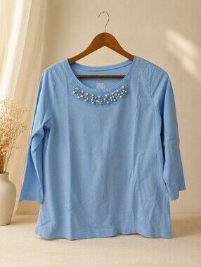 St. John's Bay Light Blue Pearl-Embellished Crewneck Top